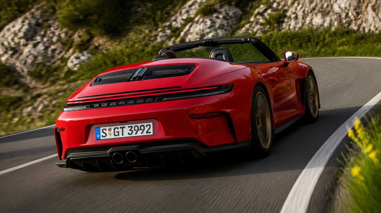 Carro esportivo conversível vermelho Porsche acelerando em estrada sinuosa na montanha.