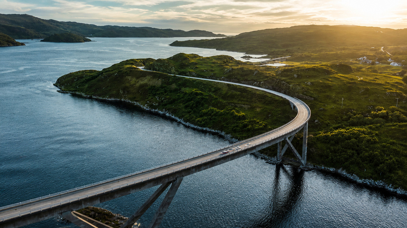 Ponte curva sobre rio entre colinas verdes ao pôr do sol com céu parcialmente nublado.