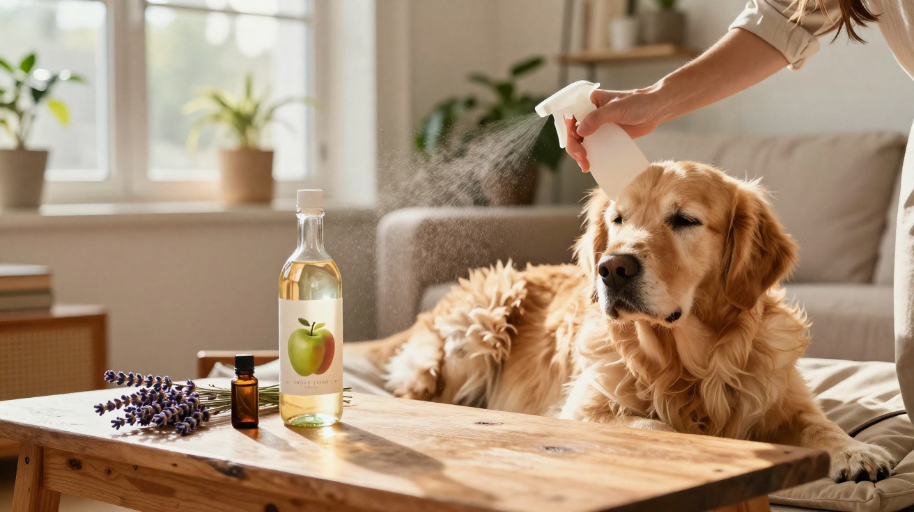 Pessoa borrifando spray em cachorro golden retriever deitado em sofá, com mesa de madeira à frente.
