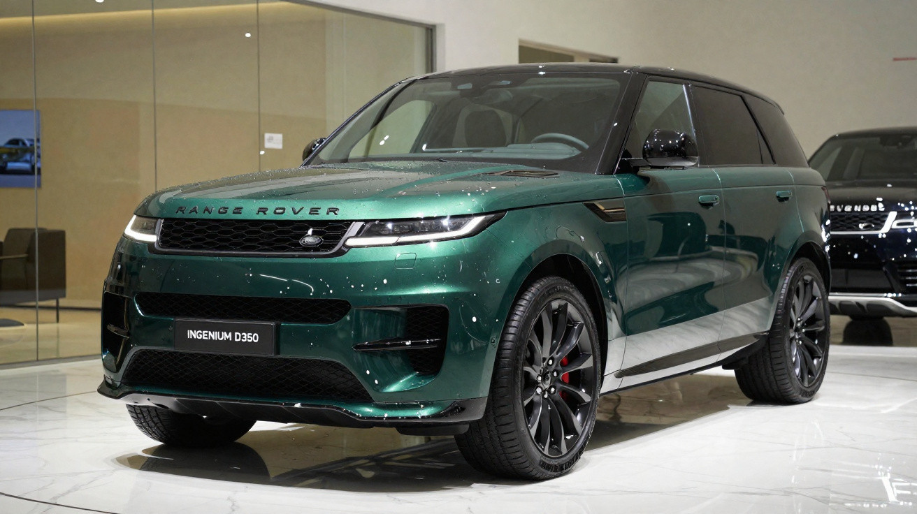 SUV Range Rover verde metálico exibido em sala de exposição com acabamento moderno e rodas pretas.