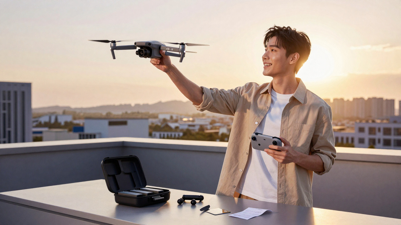 Jovem em um terraço ao pôr do sol controlando um drone com controle remoto na mão direita.
