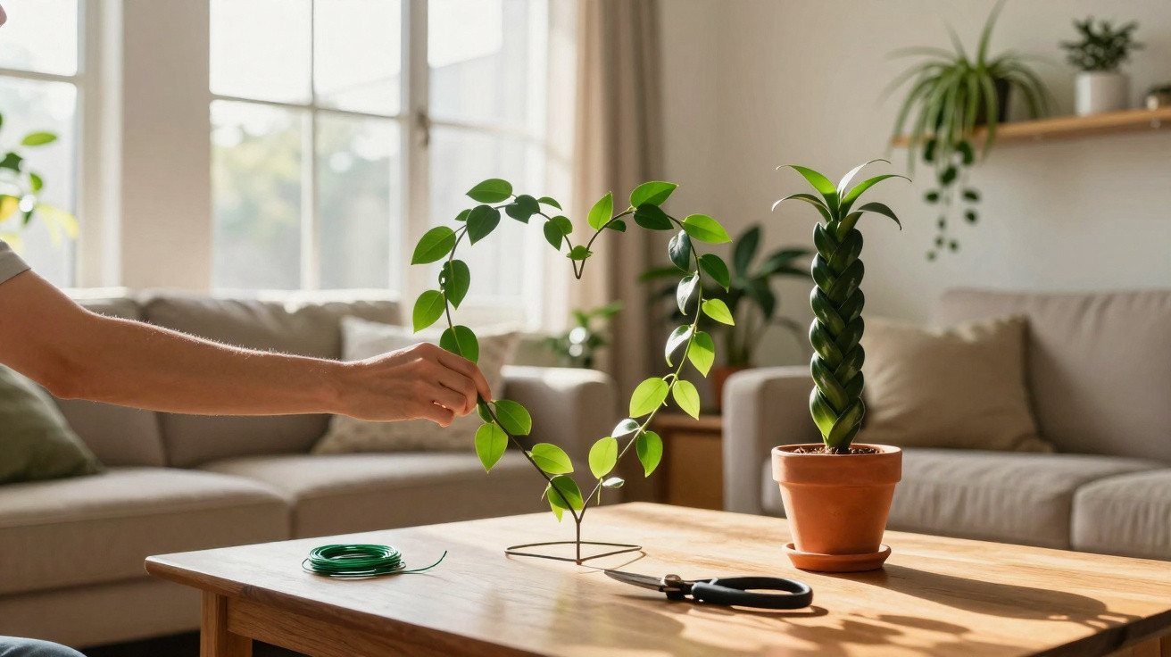 Pessoa segurando planta em forma de coração sobre mesa de madeira em sala de estar iluminada.