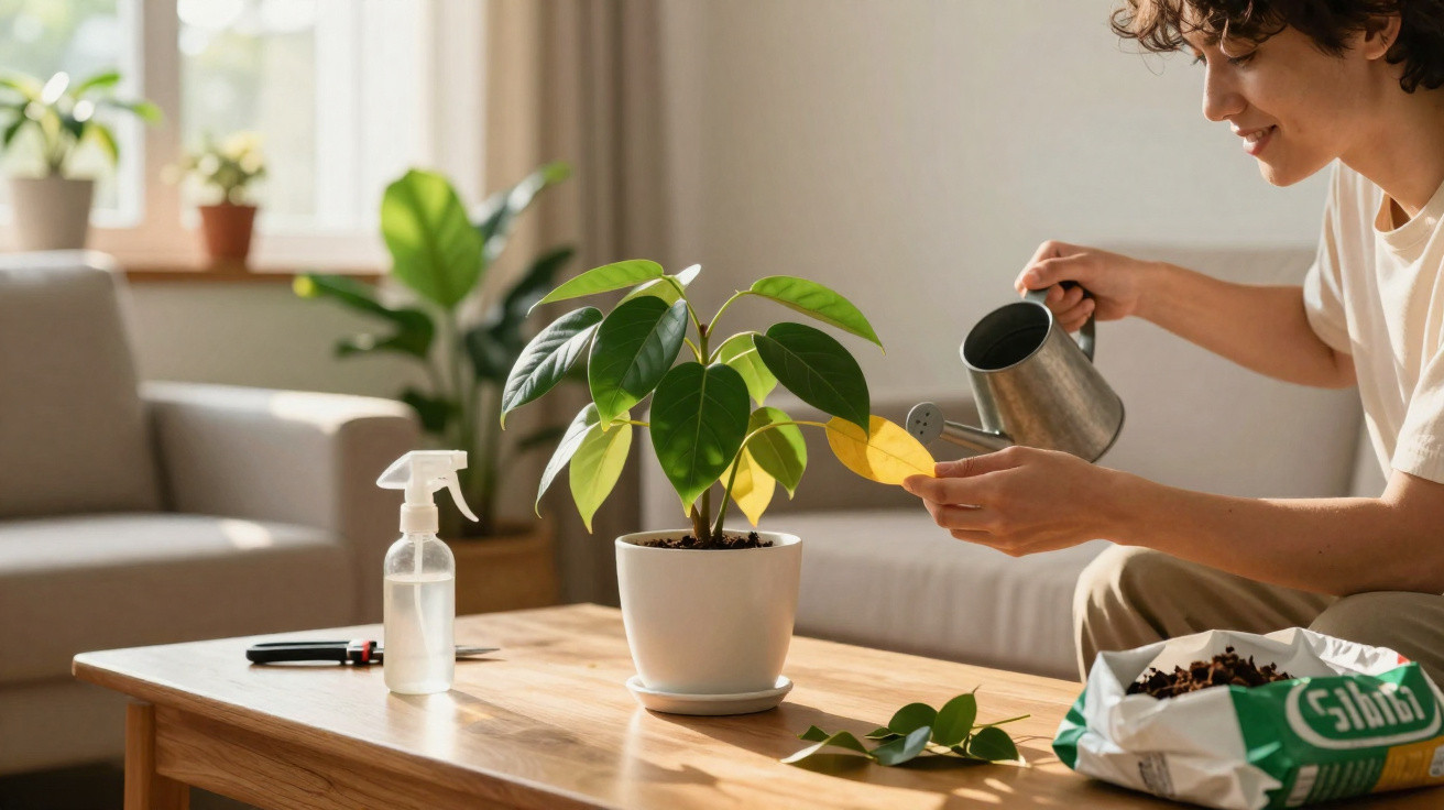 Pessoa cuidando de planta com regador, retirando folha amarela em sala iluminada e aconchegante.