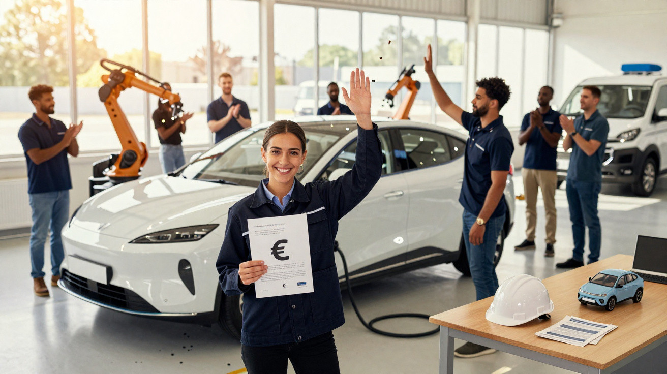 Mulher sorridente segura documento e levanta a mão em fábrica de carros elétricos com equipe ao fundo.