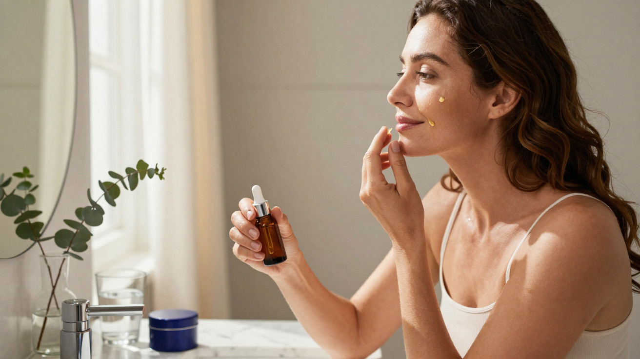 Mulher aplicando sérum facial no rosto em banheiro iluminado com luz natural e plantas decorativas.