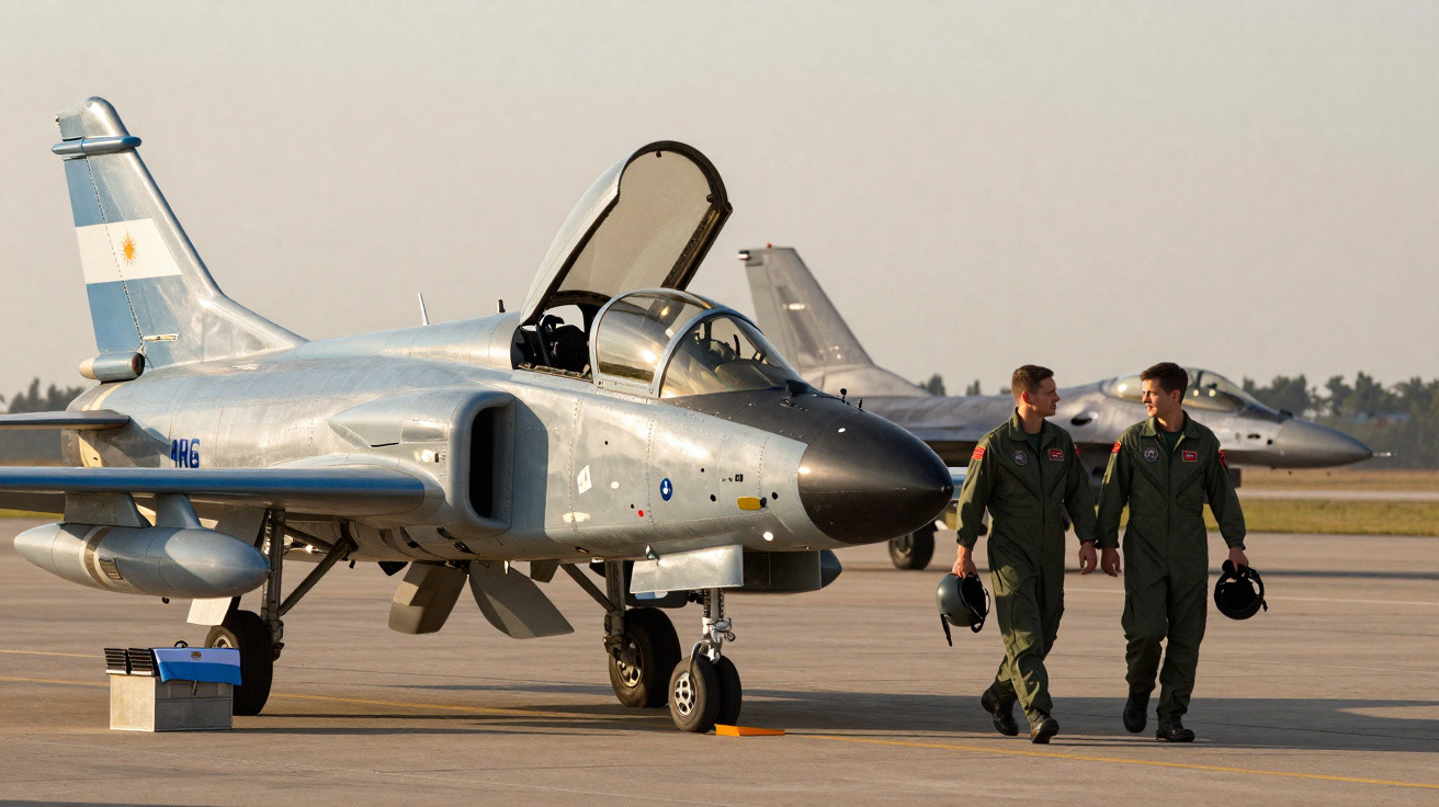 Avião militar argentino estacionado com cockpit aberto e dois pilotos caminhando ao lado com capacetes na mão.