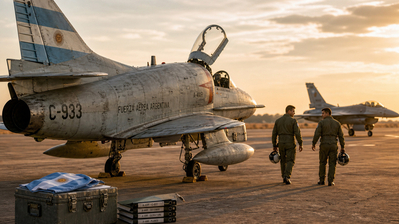 Caça da Força Aérea Argentina parado no aeroporto com dois pilotos caminhando ao pôr do sol.