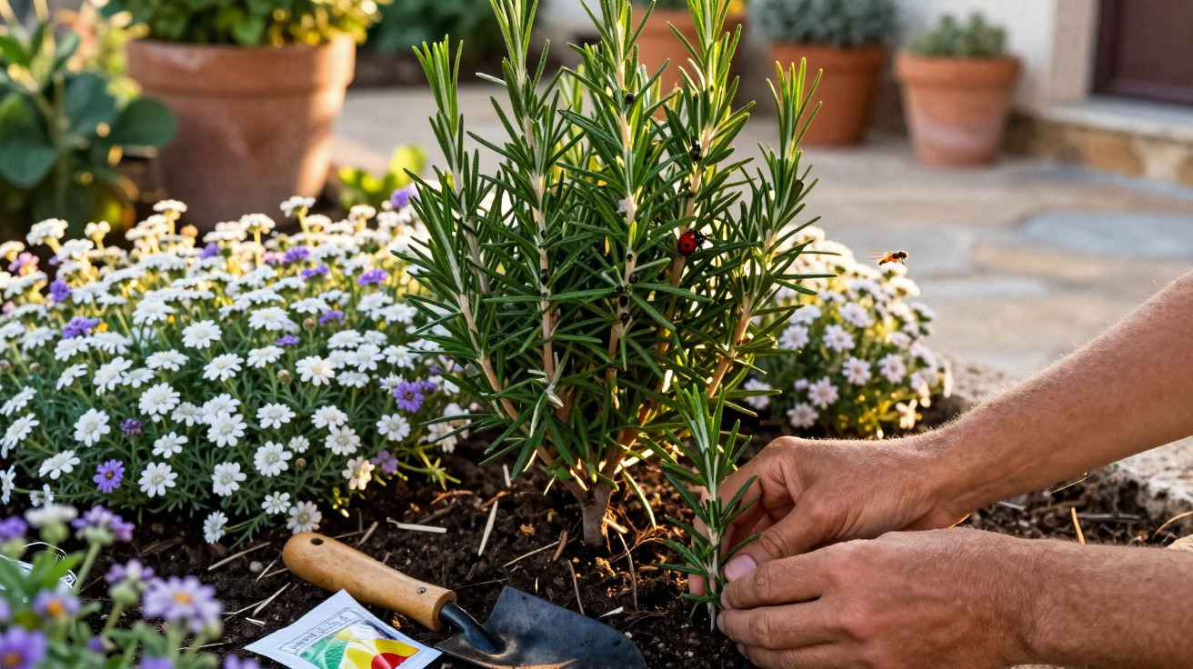 Pessoa plantando alecrim em jardim com flores brancas e roxas, pá e saco de sementes ao lado.