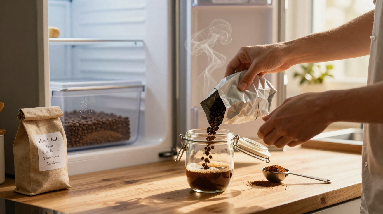 Pessoa despejando grãos de café quente em pote de vidro sobre bancada de madeira em cozinha iluminada.