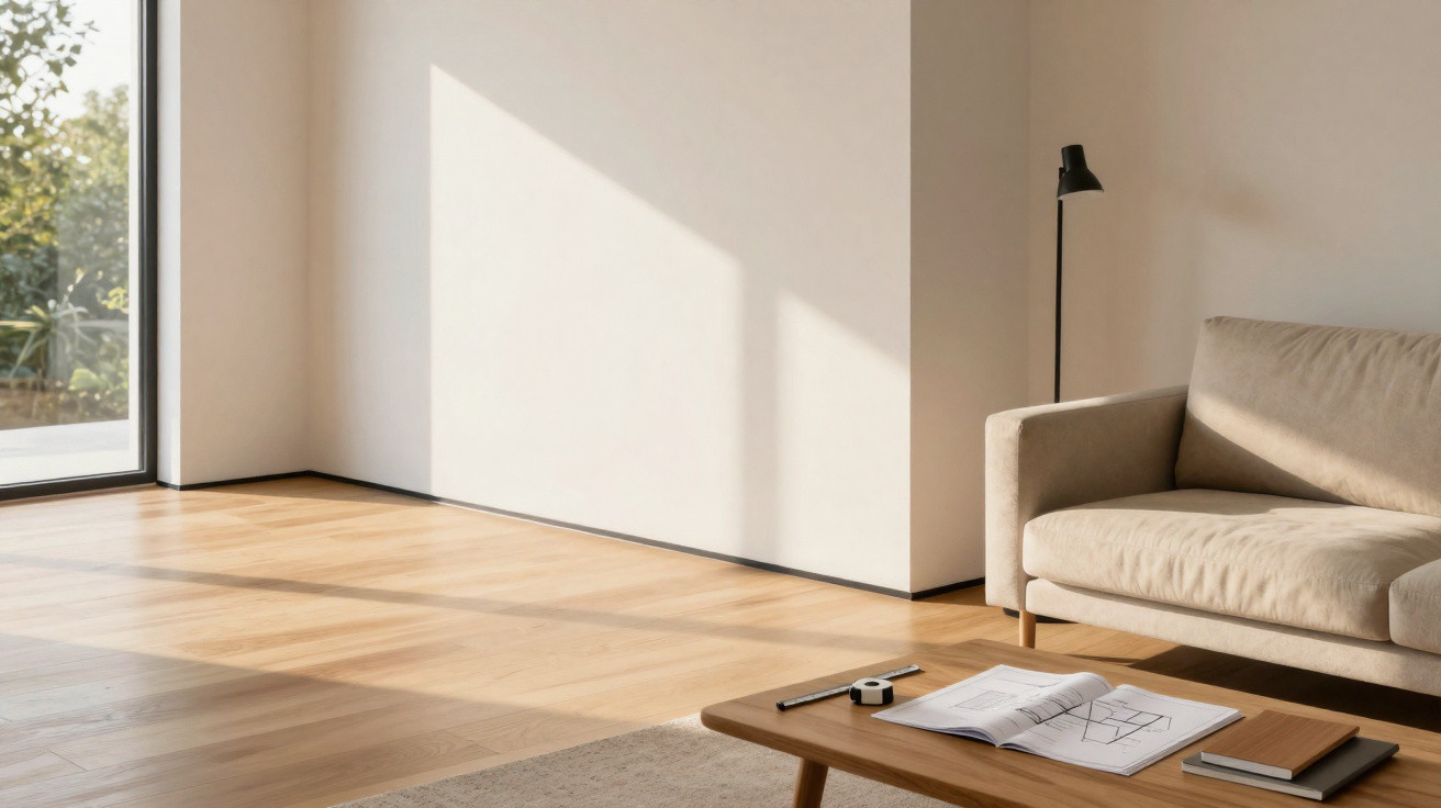 Sala minimalista com sofá bege, mesa de madeira, livro aberto e luz natural entrando pela janela grande.