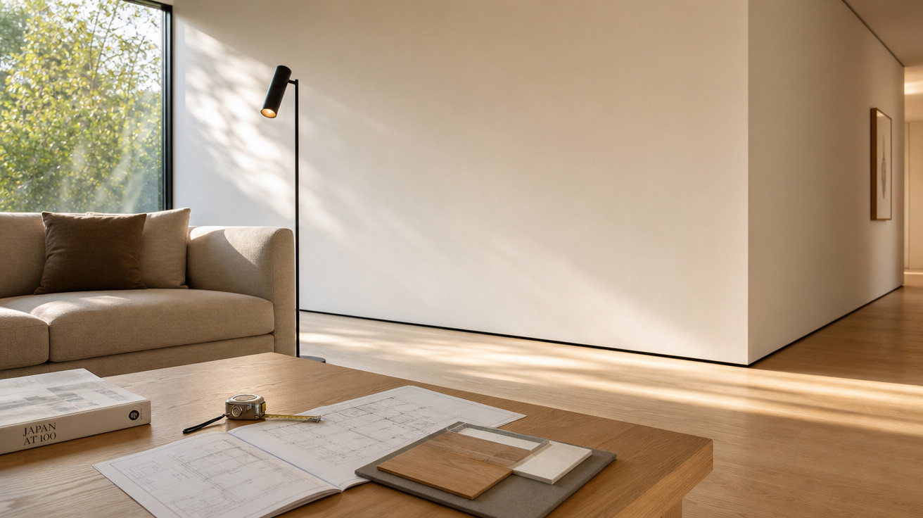 Sala de estar iluminada com sofá bege, mesa de madeira com livros e plantas ao fundo.
