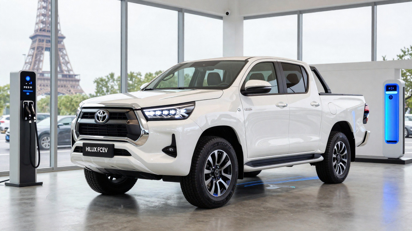 Picape Toyota Hilux FCEV branca em showroom moderno com cubas de carregamento de hidrogênio.