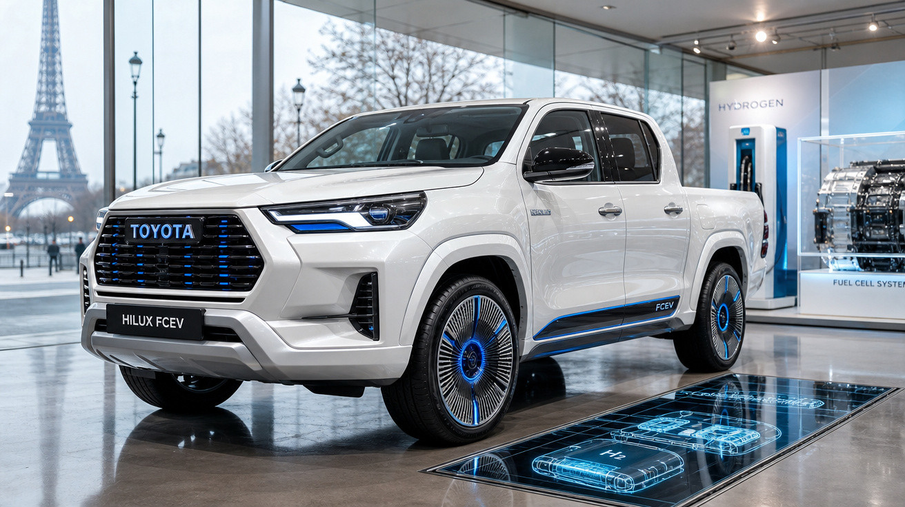 Picape Toyota Hilux FCEV branca em exposição com Torre Eiffel ao fundo, destacando tecnologia de célula de combustível.