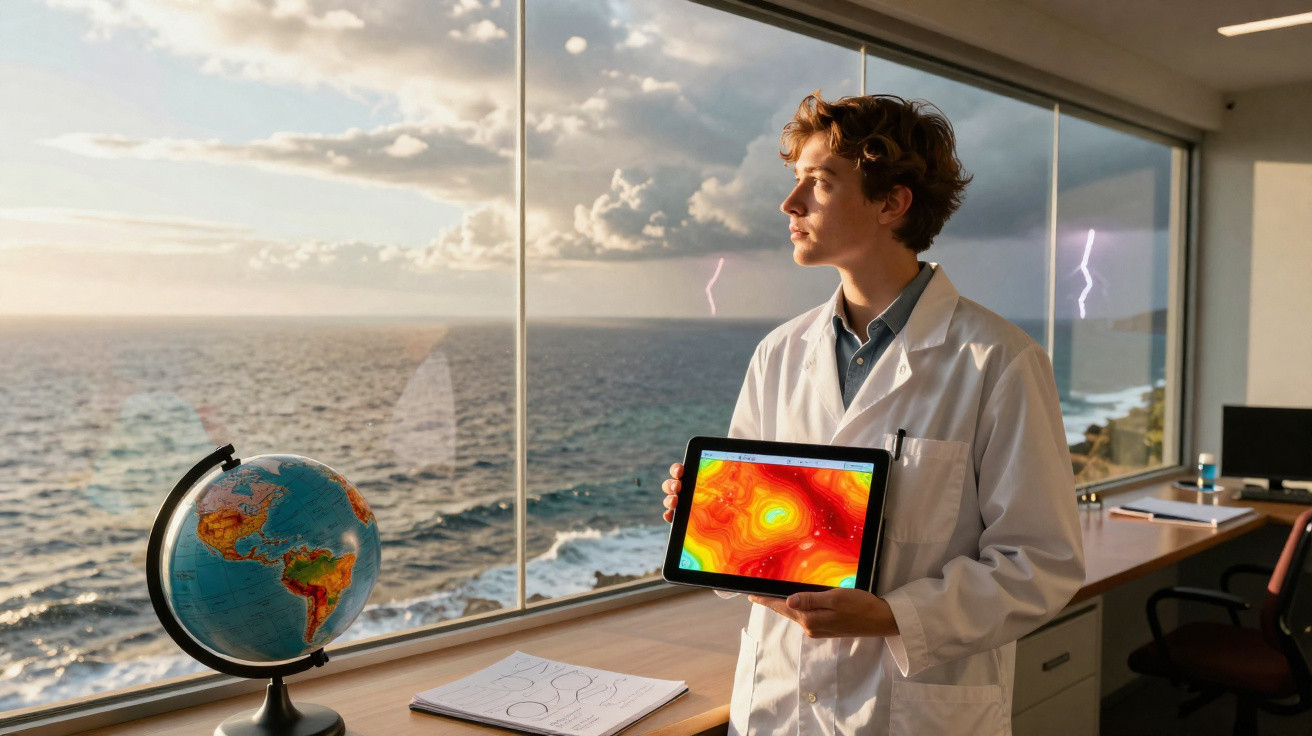 Cientista com jaleco segurando tablet com mapa térmico, em escritório com vista para o mar e tempestade.