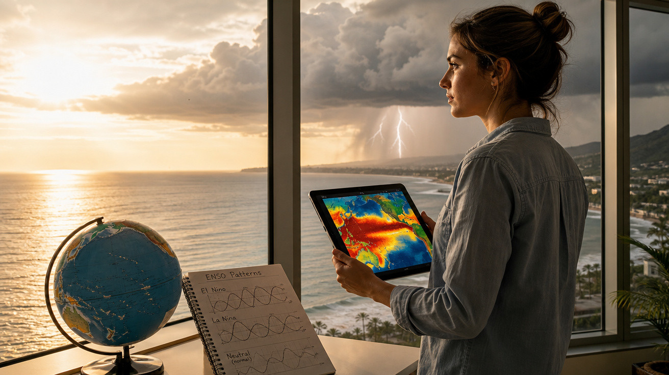 Mulher analisando dados climáticos em tablet, com globo terrestre e gráficos perto da janela com tempestade e raio ao fundo.