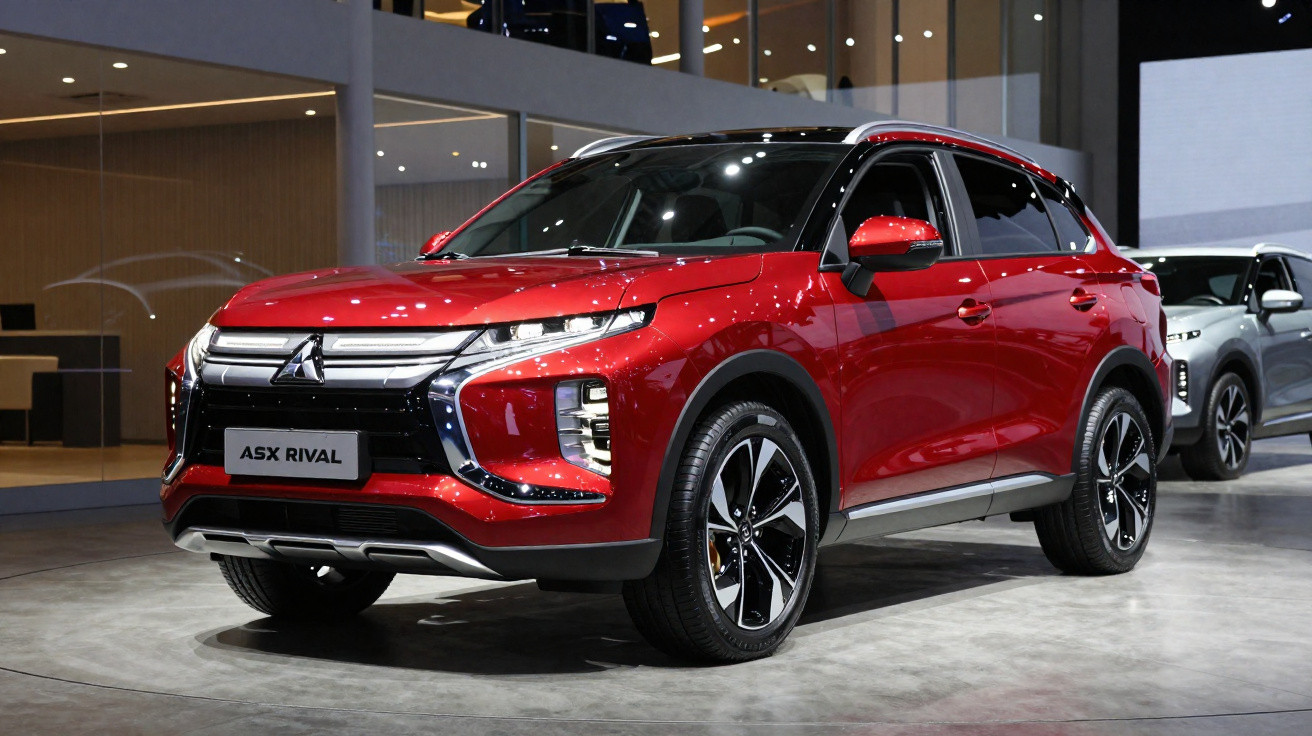 SUV vermelho Mitsubishi ASX Rival estacionado em showroom moderno com vidro e iluminação artificial.