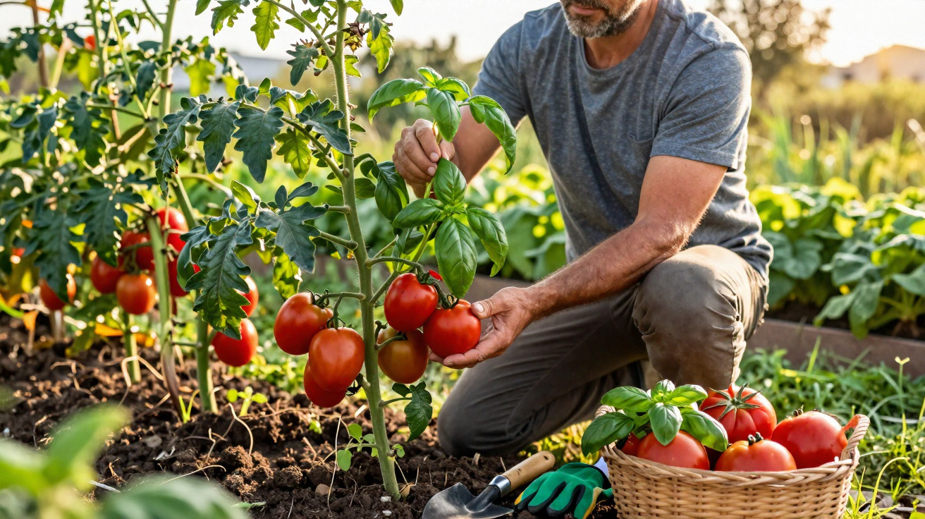 Homem colhendo tomates vermelhos maduros em horta com cesta cheia e ferramentas ao lado.