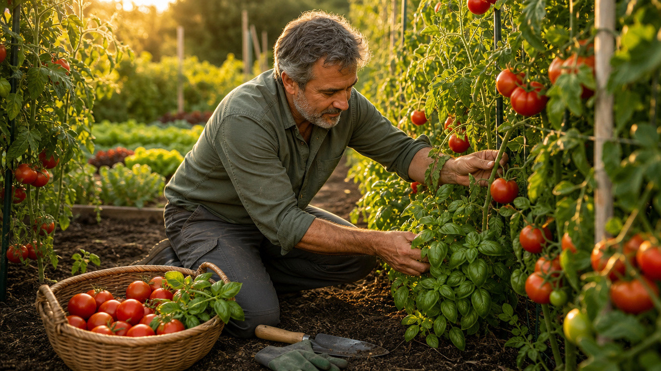 Homem colhendo tomate e manjericão em estufa, cesta com tomates ao lado e luvas no chão.