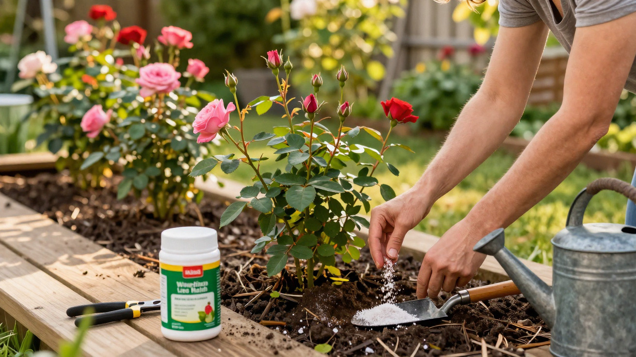 Pessoa aplicando fertilizante em rosas rosas e vermelho em canteiro de jardim ensolarado.