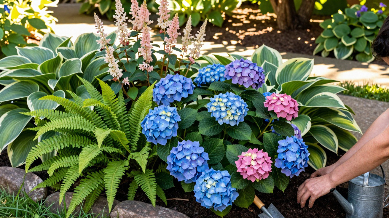 Jardim com hortênsias azuis e rosas, samambaia e planta com folhas verdes largas, pessoa cuidando das flores.