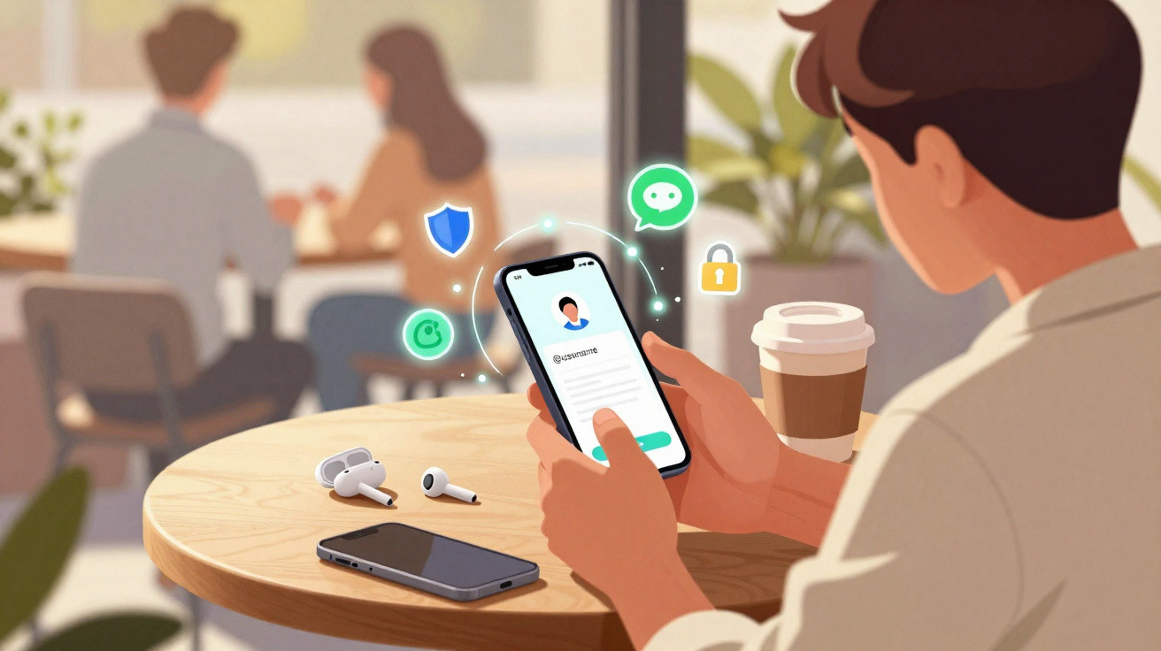 Pessoa segurando smartphone com tela de login, ícones de segurança, e objetos em mesa de café.