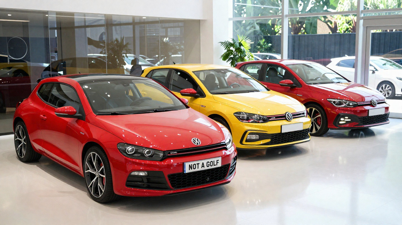 Três carros Volkswagen estacionados em linha dentro de showroom, sendo dois vermelhos e um amarelo.