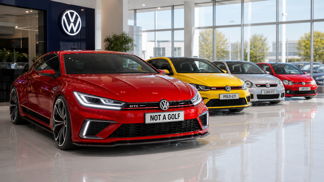 Carros Volkswagen GTI em diferentes cores exibidos em showroom moderno e iluminado.