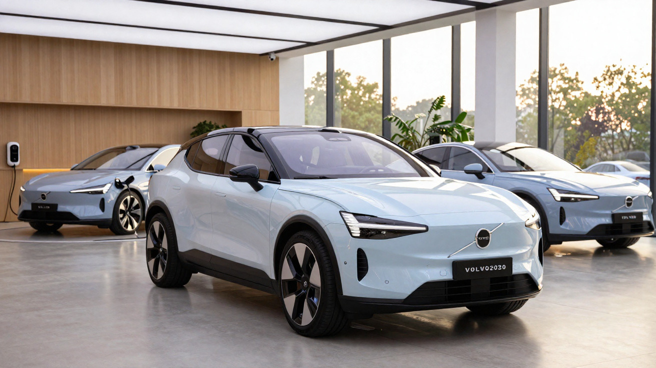 Três carros elétricos cinza claro da Volvo em exposição em ambiente moderno com iluminação natural.