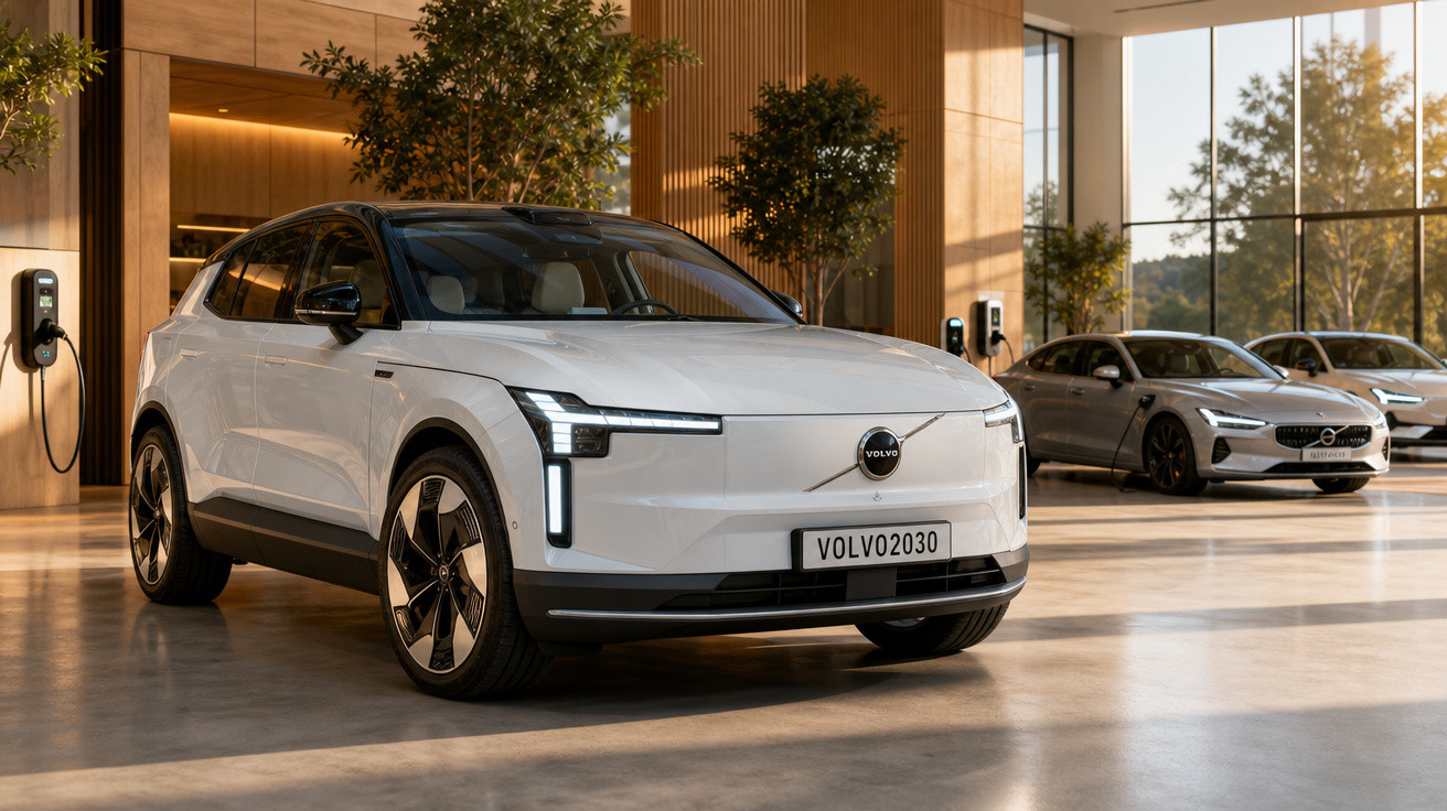 Carro elétrico branco Volvo XC40 estacionado em ambiente moderno com paredes de madeira e carregadores elétricos.