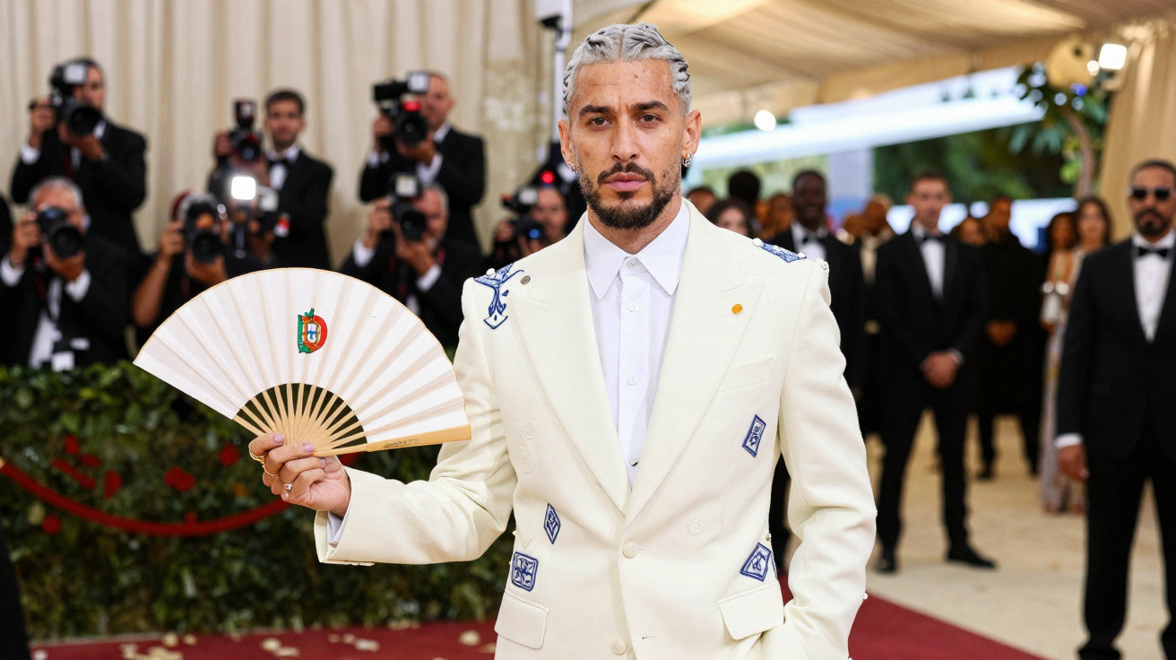 Homem de cabelo branco torcido, terno branco com símbolos azuis, segurando leque em evento com fotógrafos ao fundo.