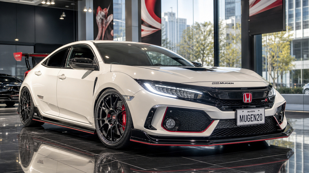 Honda Civic Hatch branco com kit Mugen N20, rodas pretas e detalhes vermelhos em showroom moderno.