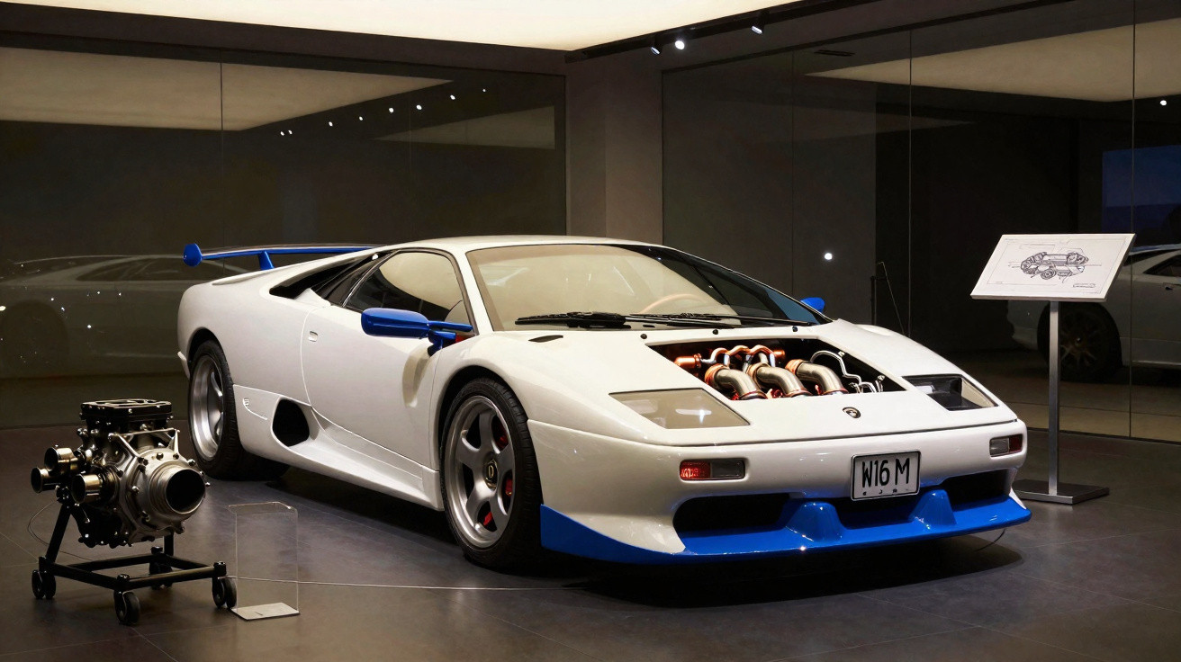 Carro esportivo branco com detalhes azuis, capô aberto mostrando o motor, exposto em museu automotivo.