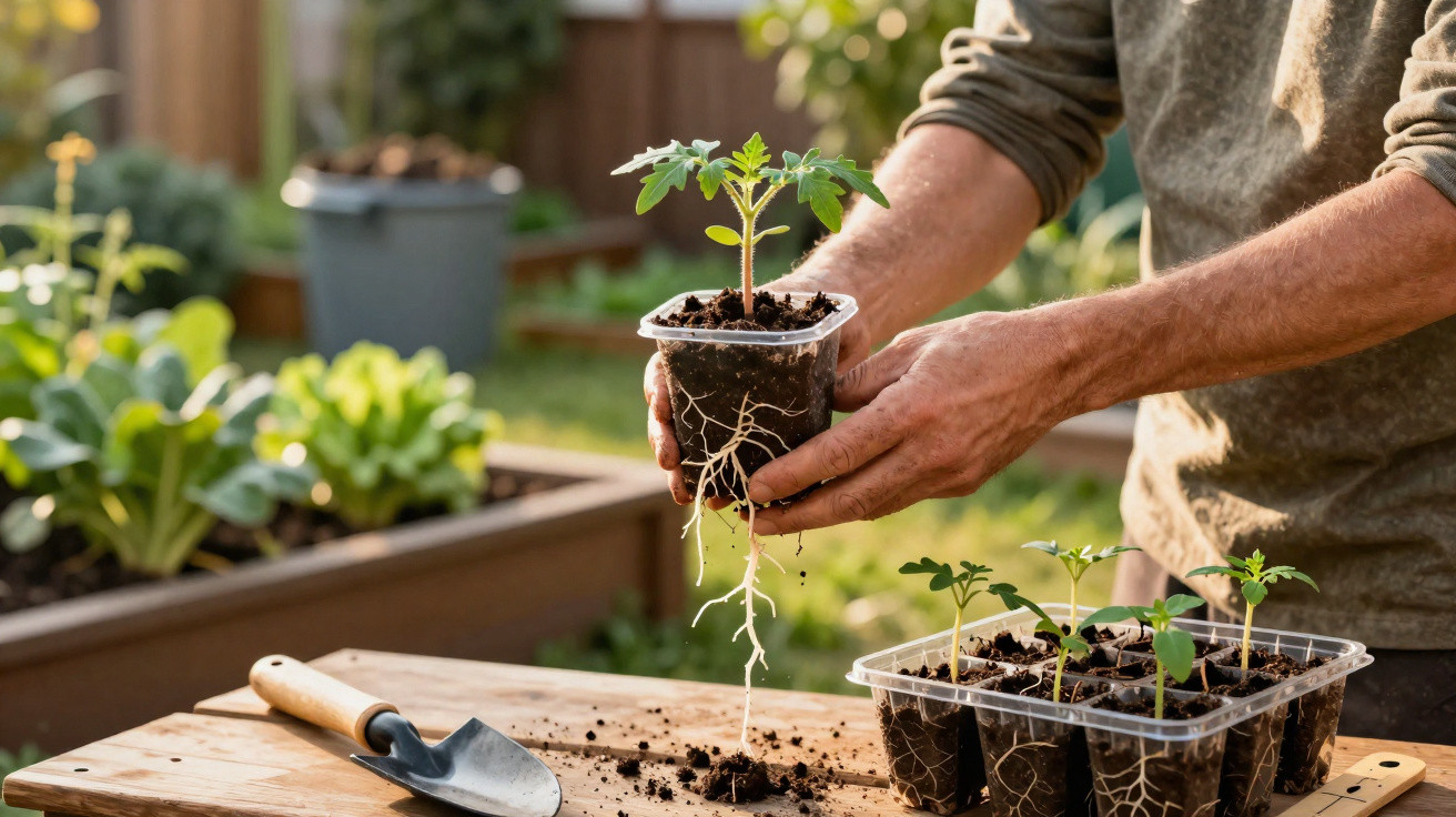 Pessoa transplantando muda de tomate com raízes visíveis em jardim com ferramentas e outras mudas.