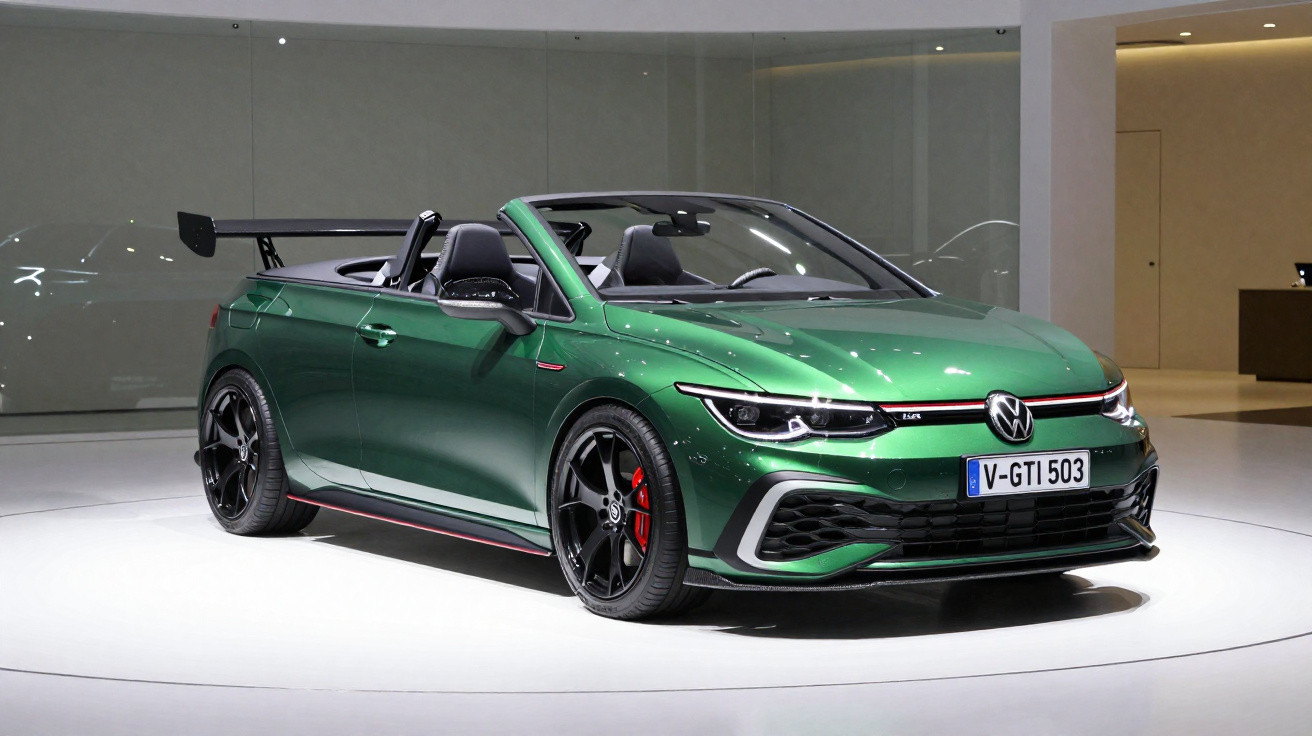 Carro conversível esportivo Volkswagen GTI verde em exposição, com aerofólio traseiro e rodas pretas.