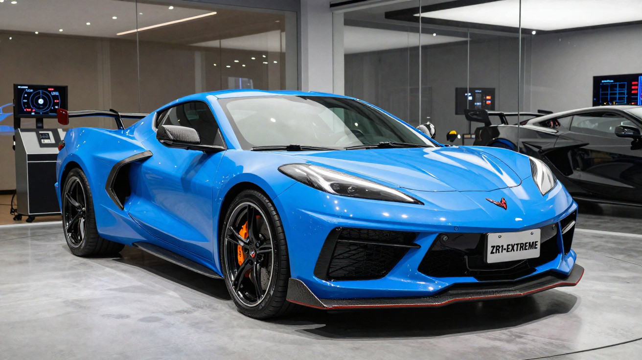 Carro esportivo azul Chevrolet Corvette ZR1 Extreme em showroom com piso cinza e paredes espelhadas.