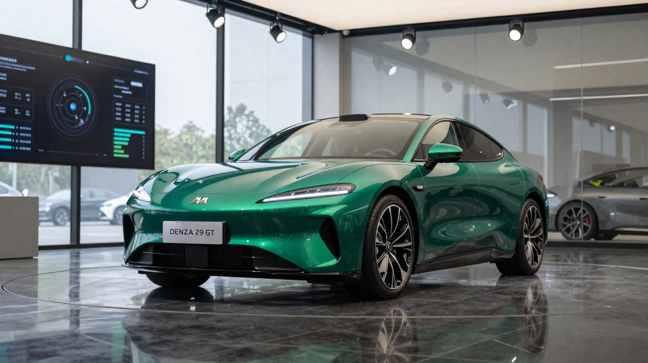 Carro esportivo elétrico verde Denza Z9 GT em exposição dentro de showroom moderno com piso refletivo.
