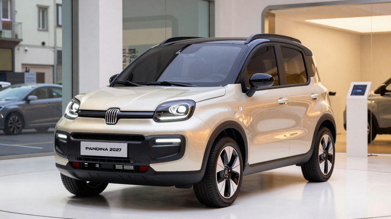 Carro compacto Fiat Pandina 2027 branco com teto e detalhes pretos em exposição interna.