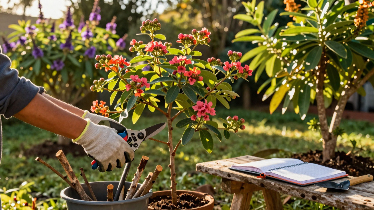 Pessoa podando planta com flores rosas em vaso, em jardim ensolarado, com caderno e tesoura ao lado.