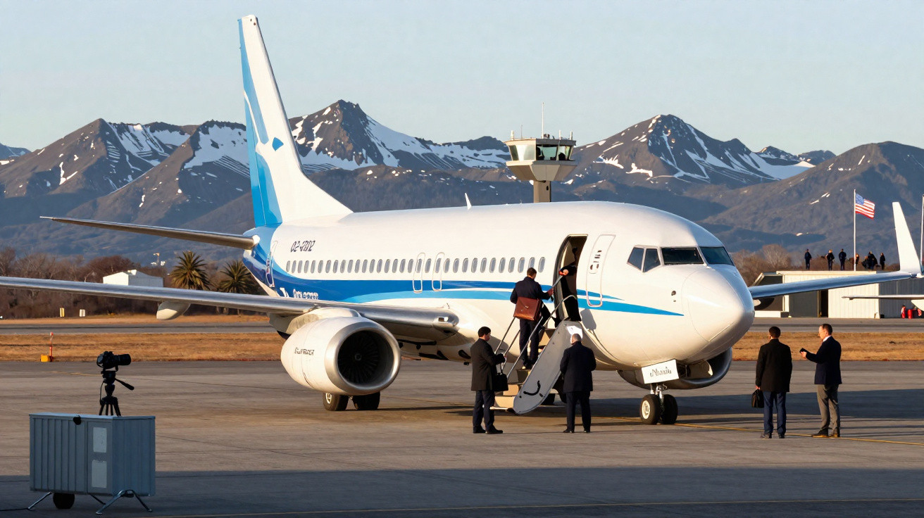 Avião branco com faixa azul estacionado no aeroporto com pessoas embarcando e montanhas ao fundo.