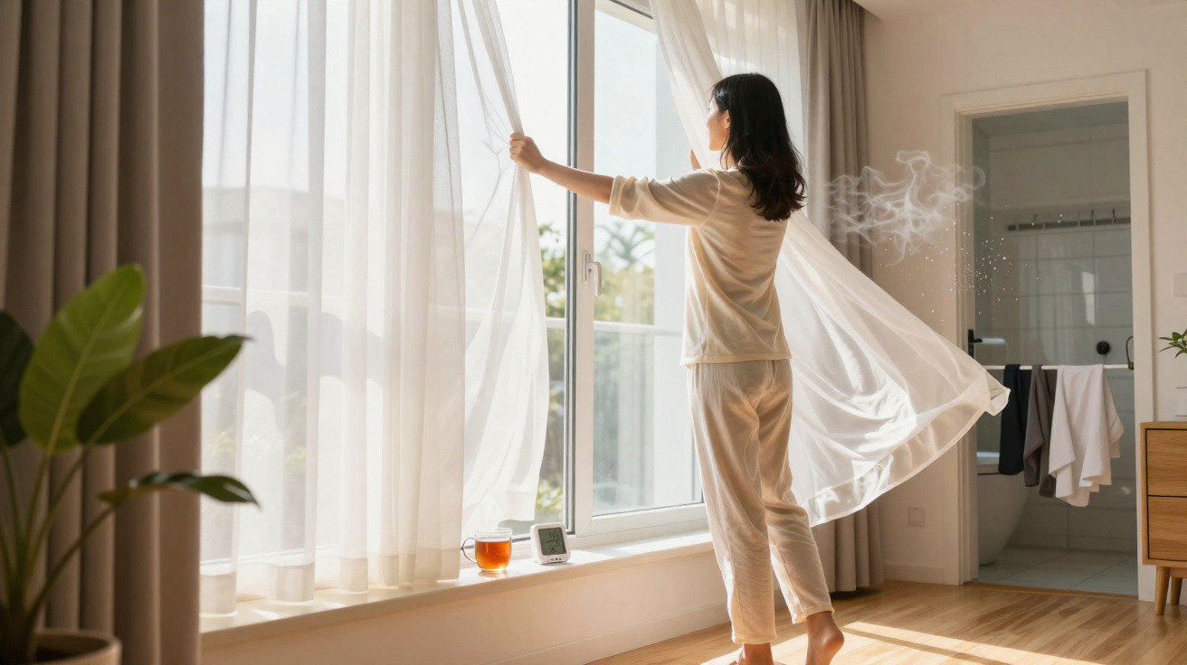 Mulher abrindo cortina branca enquanto luz do sol entra em quarto arejado com xícara de chá na janela.