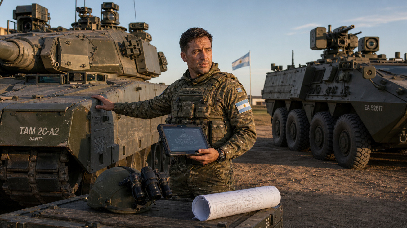 Soldado argentino em uniforme camuflado com tablet, perto de tanque e veículo de combate blindado ao ar livre.