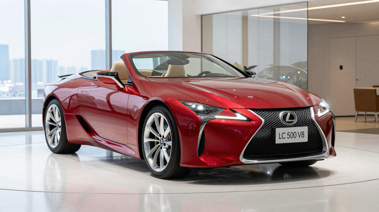Carro conversível esportivo Lexus LC 500 V8 vermelho exibido em showroom moderno e iluminado.
