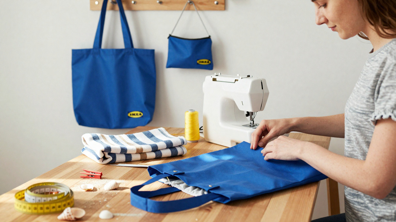 Pessoa costurando bolsa azul em máquina de costura, com toalhas, linhas e fita métrica sobre mesa de madeira.