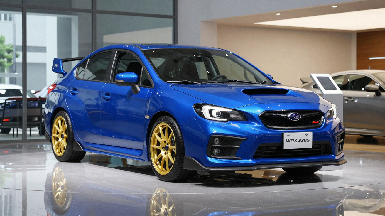 Carro esportivo Subaru WRX 330S azul com rodas douradas em exposição interna.