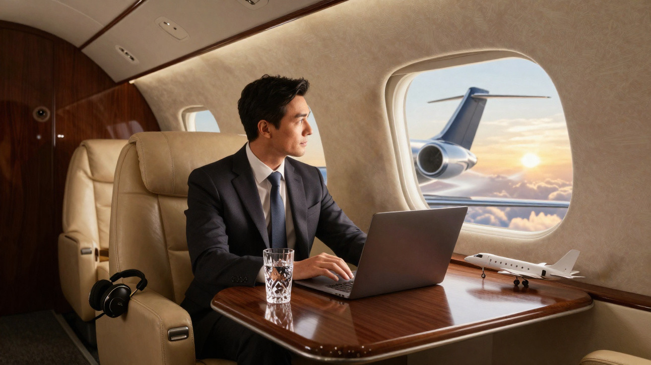 Homem de terno sentado em jato privado olhando pela janela, com laptop, copo d'água e miniatura de avião na mesa.