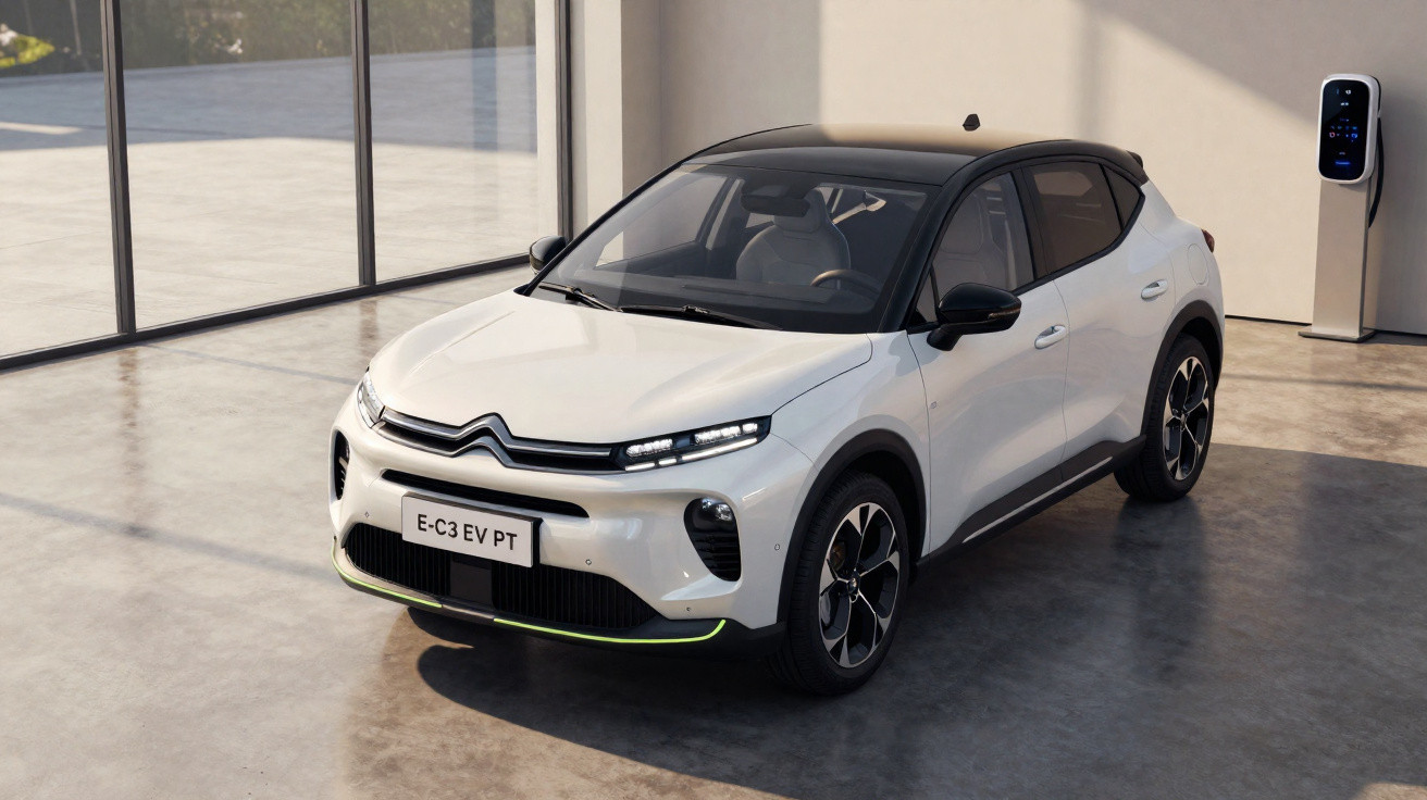 Carro elétrico Citroën branco modelo E-C3 EV PT estacionado em garagem com carregador elétrico.