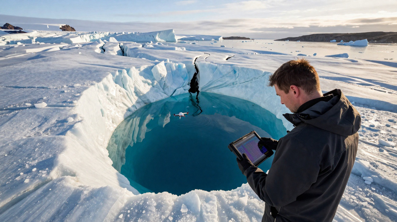 Pesquisador com tablet observa drone sobre buraco grande e azul no gelo em paisagem congelada.