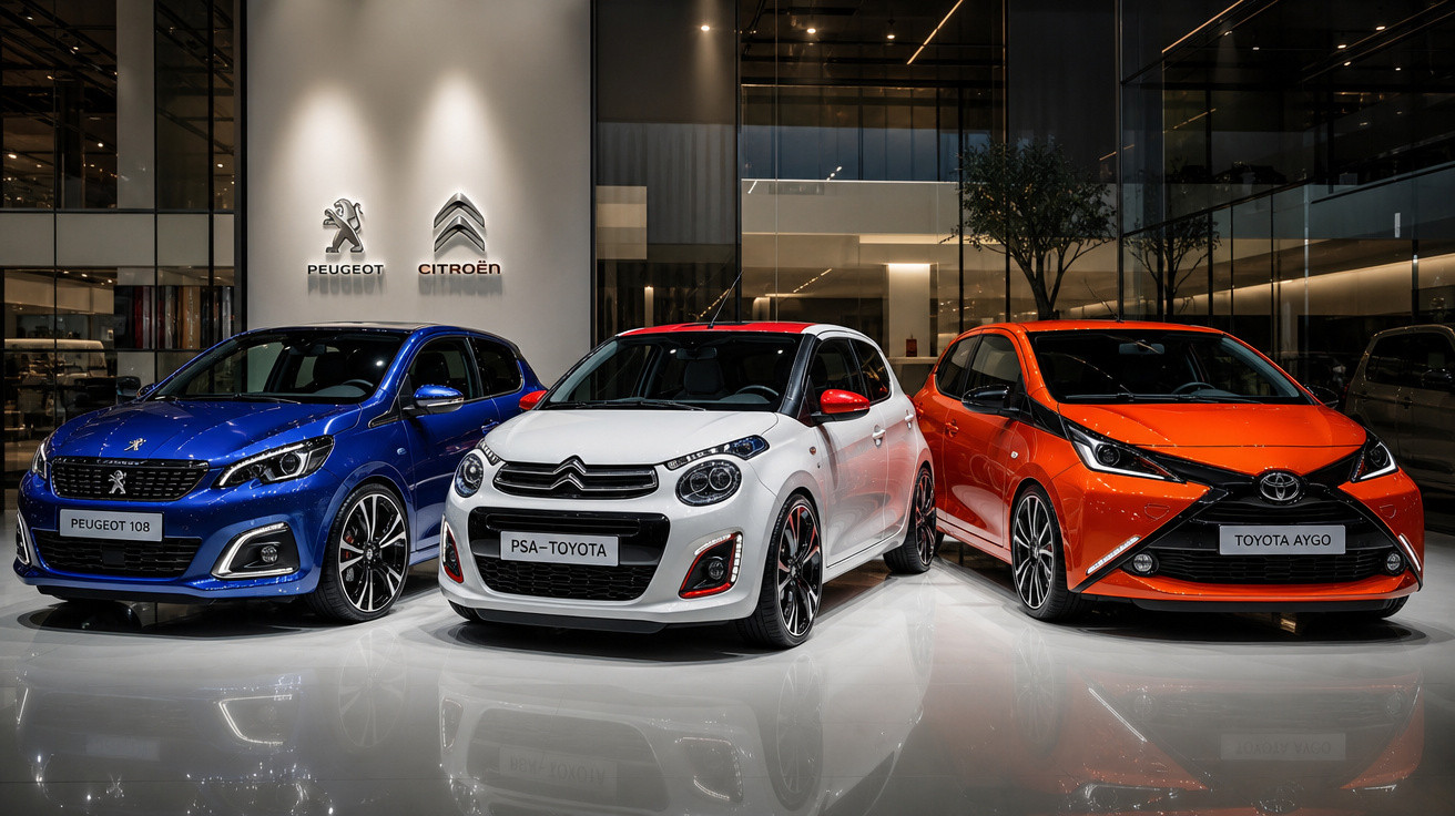 Três carros novos expostos em showroom: Peugeot 108 azul, Citroën branco e Toyota Aygo laranja.