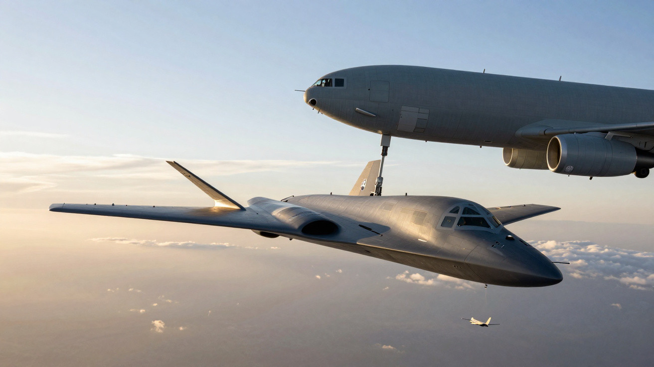 Tanque aéreo reabastecendo avião stealth em voo contra céu ao amanhecer.
