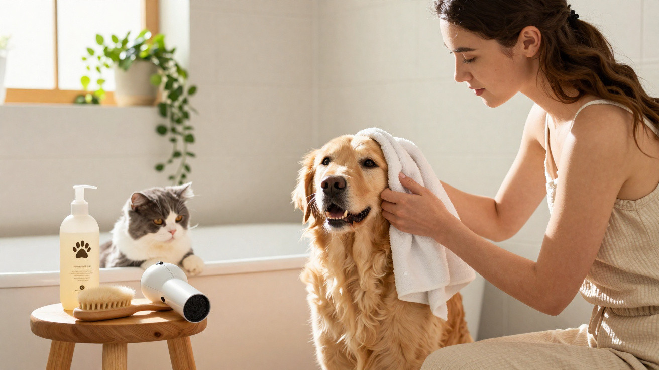 Mulher secando cachorro Golden Retriever com toalha enquanto gato observa no banheiro iluminado.